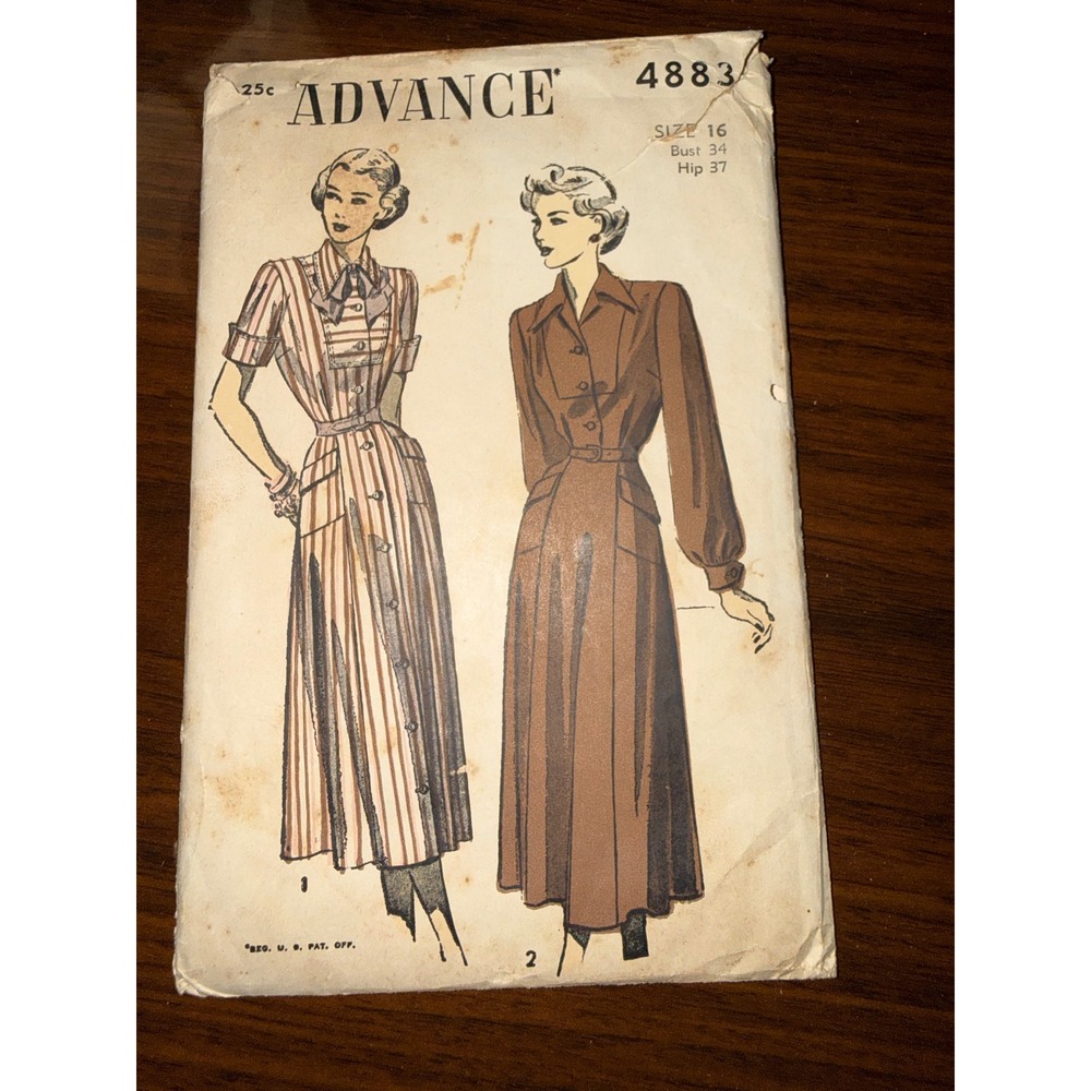 Vintage Advance 4883 Sewing Pattern 1940s Shirtwaist Dress Size 16 Bust 34